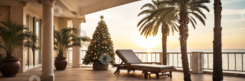 Скачать Рождественская елка украшена на балконе отеля с шезлонгами у моря во время отпуска в тропической стране с пальмами на закате. Путешествие на Рождество и Новый год, тур на курорт. Сгенерированный ИИ фотосток Ozero