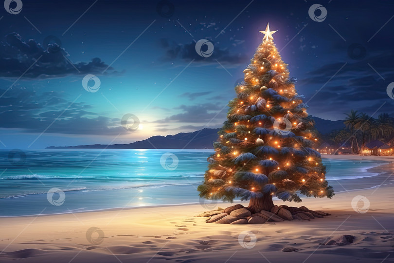 Скачать светящаяся рождественская елка с подарочными коробками на берегу океана с пальмами. Туристическая поездка на Рождество и Новый год в тропические страны, отдых на море. Скопируйте пространство. Сгенерировано искусственным интеллектом фотосток Ozero