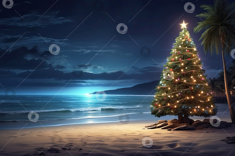 Скачать светящаяся рождественская елка с подарочными коробками на берегу океана с пальмами. Туристическая поездка на Рождество и Новый год в тропические страны, отдых на море. Скопируйте пространство. Сгенерировано искусственным интеллектом фотосток Ozero