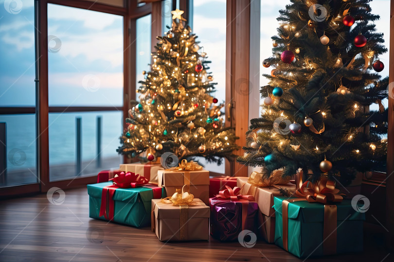 Скачать Рождественская елка украшена в отеле с видом на море во время отпуска в тропической стране с пальмами на закате. Путешествие на Рождество и Новый год, тур на курорт. Сгенерированный ИИ фотосток Ozero