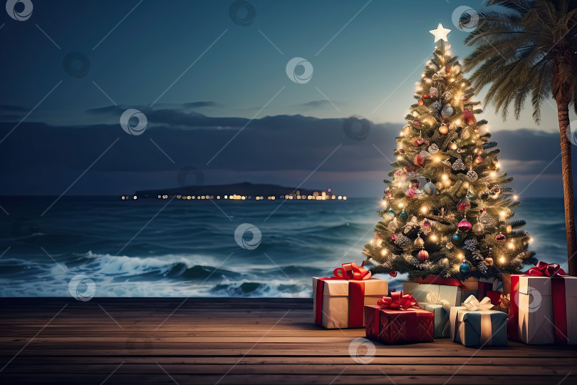 Скачать светящаяся рождественская елка с подарочными коробками на деревянной набережной. Туристическая поездка на Рождество и Новый год в тропические страны, отдых на море. Скопировать пространство. Сгенерировано искусственным интеллектом фотосток Ozero