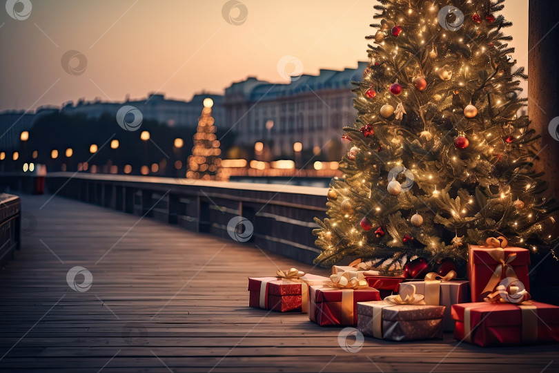 Скачать светящаяся рождественская елка с подарочными коробками на деревянной набережной. Туристическая поездка на Рождество и Новый год в тропические страны, отдых на море. Скопировать пространство. Сгенерировано искусственным интеллектом фотосток Ozero