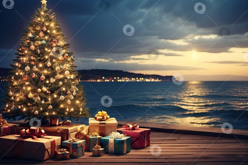 Скачать светящаяся рождественская елка с подарочными коробками на деревянной набережной. Туристическая поездка на Рождество и Новый год в тропические страны, отдых на море. Скопируйте пространство. Сгенерировано искусственным интеллектом фотосток Ozero