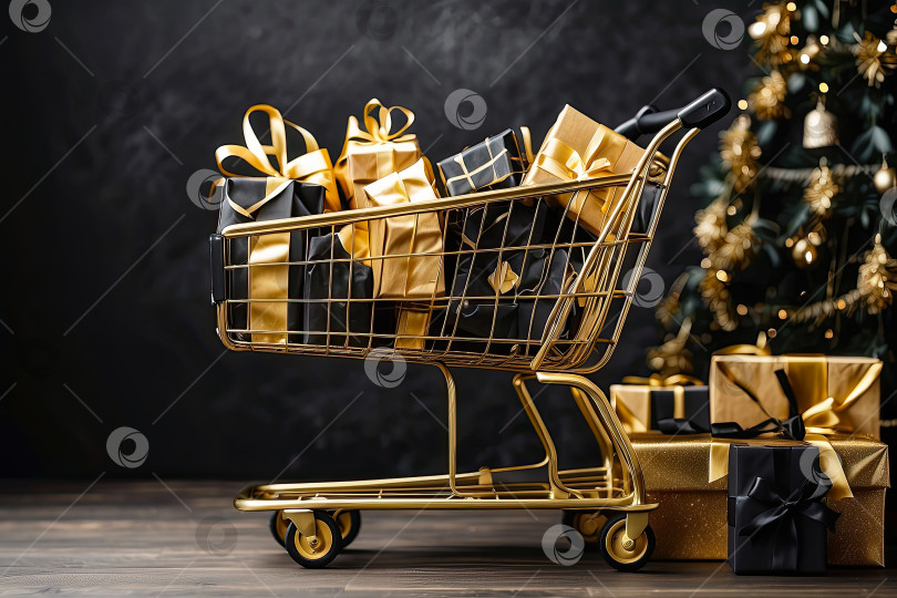 Скачать Тележка супермаркета с золотыми и черными коробками рождественских и новогодних подарков на черном фоне. Шопинг, покупка подарка, распродажа, черная пятница, киберпонедельник. Сгенерированный искусственным интеллектом фотосток Ozero