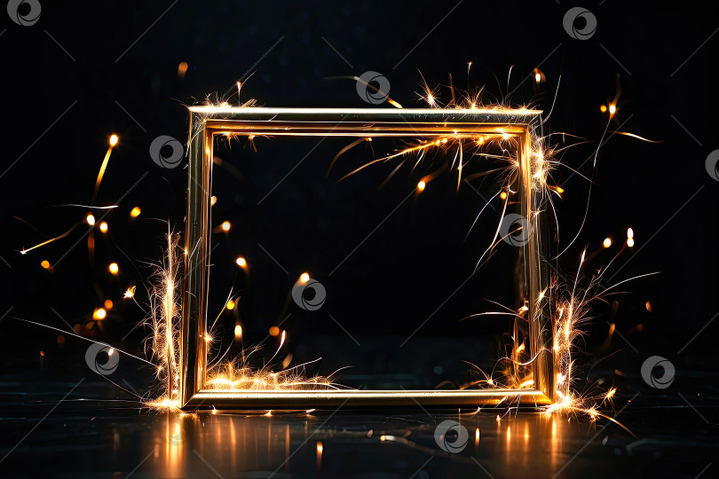 Скачать Рамка из бенгальских огней горит искрами на черном фоне. Место для текста, Рождество, Новый год, Черная пятница. Сгенерировано искусственным интеллектом фотосток Ozero