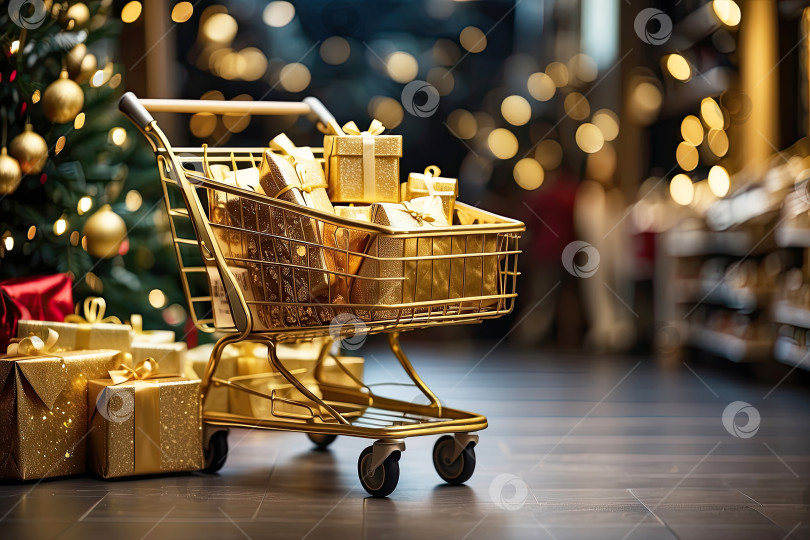 Скачать Тележка супермаркета с золотыми и красными коробками рождественских и новогодних подарков между праздничными полками супермаркета. Поход по магазинам, покупка подарка. Искусственный интеллект сгенерировал фотосток Ozero