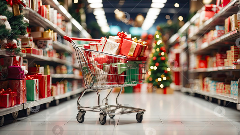 Скачать Тележка супермаркета с зелеными и красными коробками рождественских и новогодних подарков между праздничными полками супермаркета. Поход по магазинам, покупка подарка. Искусственный интеллект сгенерировал фотосток Ozero