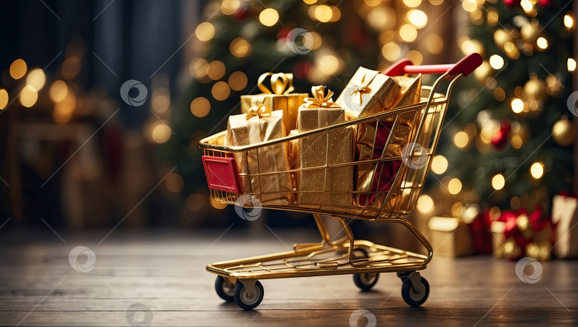Скачать Полная тележка супермаркета с золотыми коробками рождественских и новогодних подарков на праздничном фоне с рождественскими елками и боке. Покупки, распродажа, покупка подарка. Сгенерированный ИИ фотосток Ozero