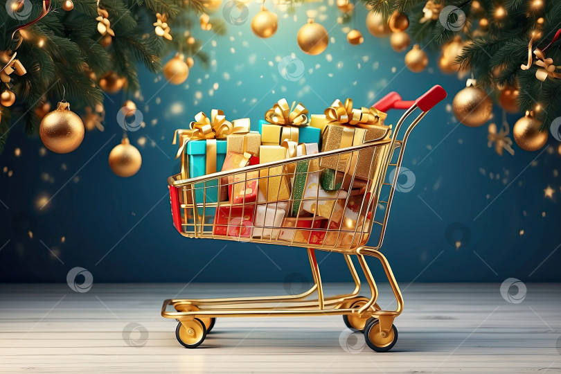 Скачать Полная тележка супермаркета с золотыми коробками рождественских и новогодних подарков на праздничном фоне с рождественскими елками и боке. Шопинг, распродажа, покупка подарка. Сгенерированный ИИ фотосток Ozero