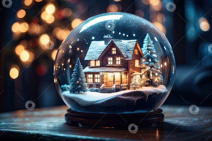 Скачать Волшебный стеклянный шар с крошечным современным уютным зимним домиком внутри на праздничном рождественском фоне. Мечта о подарке на Новый год. Страхование, переезд, ипотека, аренда и покупка недвижимости. Искусственный интеллект сгенерирован фотосток Ozero