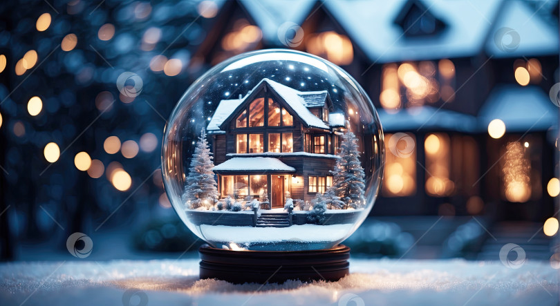 Скачать Волшебный стеклянный шар с крошечным современным домиком внутри рядом с большим настоящим уютным домом с огнями в окнах зимой. Мечта о подарке на Рождество, Новый год. Страхование, ипотека, покупка недвижимости дом мечты. Искусственный интеллект сгенерирован фотосток Ozero