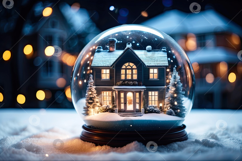 Скачать Волшебный стеклянный шар с крошечным современным домиком внутри рядом с большим настоящим уютным домом с огнями в окнах зимой. Мечта о подарке на Рождество, Новый год. Страхование, ипотека, покупка недвижимости дом мечты. Искусственный интеллект сгенерирован фотосток Ozero