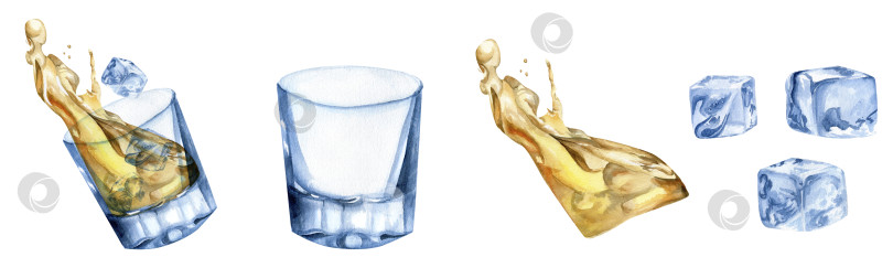 Скачать Стакан с нарисованной акварелью от руки желтой жидкостью с элементами движения и кусочками льда. Алкогольная жидкость в движении с падающим льдом для дизайна бара, меню, ресторана, кафе фотосток Ozero