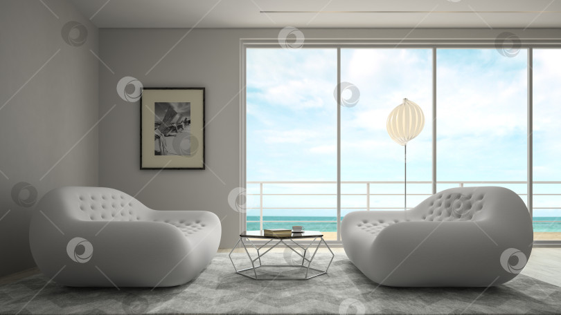 Скачать Интерьер комнаты современного дизайна с 3D-рендерингом с видом на море фотосток Ozero