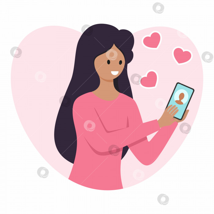 Скачать Влюбленная девушка отправляет СМС через свой смартфон. Векторная иллюстрация на тему виртуальной любви. Рисунок для сайта знакомств. фотосток Ozero