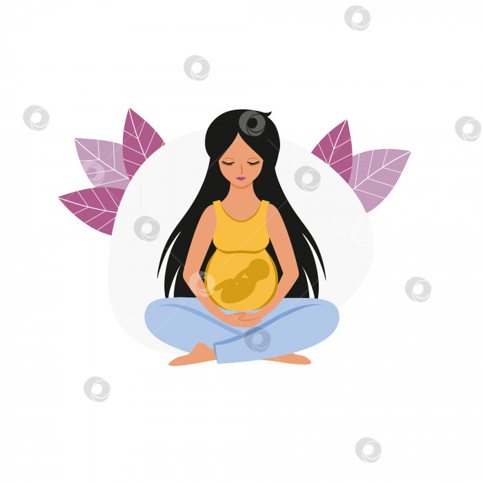 Скачать Беременная женщина сидит в позе лотоса и расслабляется. Ребенок - это эмбрион в желудке. Мать - это новорожденный ребенок. Беременность, роды, материнство. Векторная плоская мультяшная иллюстрация. фотосток Ozero