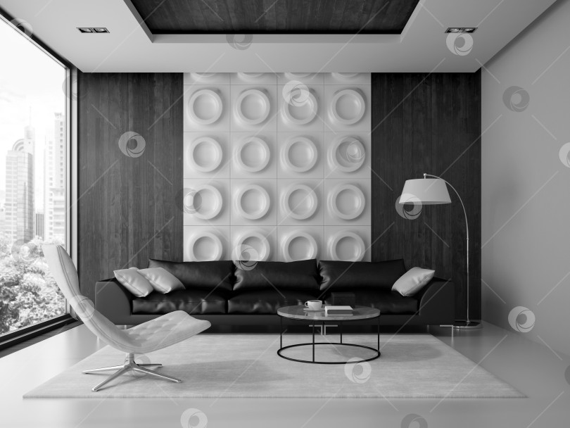 Скачать Интерьер комнаты современного дизайна с черным диваном в 3D-рендеринге фотосток Ozero
