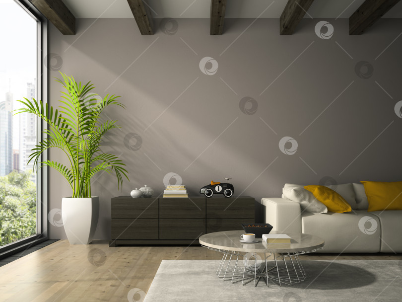Скачать Интерьер комнаты современного дизайна с белым диваном в 3D-рендеринге фотосток Ozero