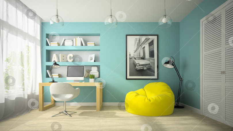 Скачать Интерьер комнаты современного дизайна с 3D-рендерингом желтой мягкой подушки фотосток Ozero