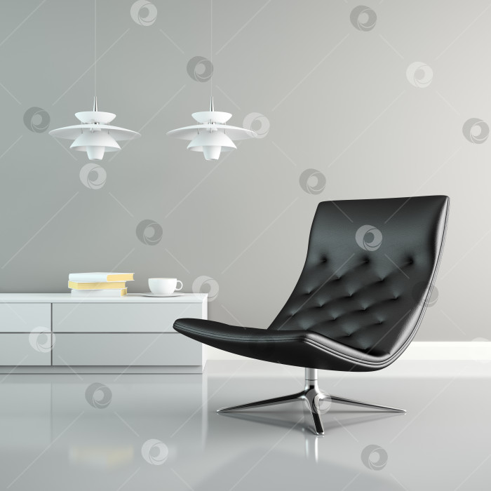 Скачать Часть интерьера с белыми лампами и черным креслом 3D renderi фотосток Ozero