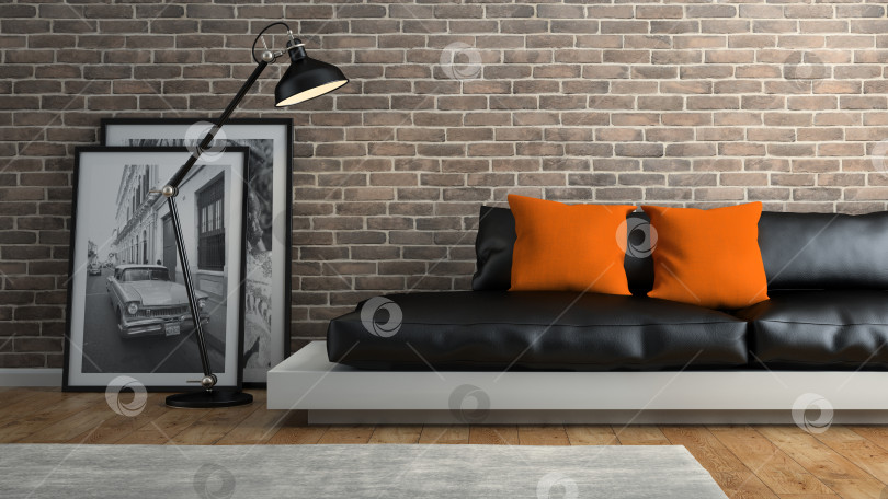 Скачать Часть интерьера с кирпичной стеной и черным диваном 3D рендеринг 2 фотосток Ozero