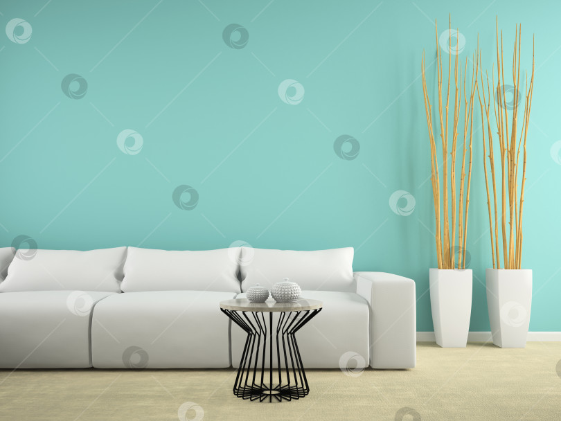 Скачать Часть интерьера с белым диваном и синей стеной в 3D-рендеринге фотосток Ozero