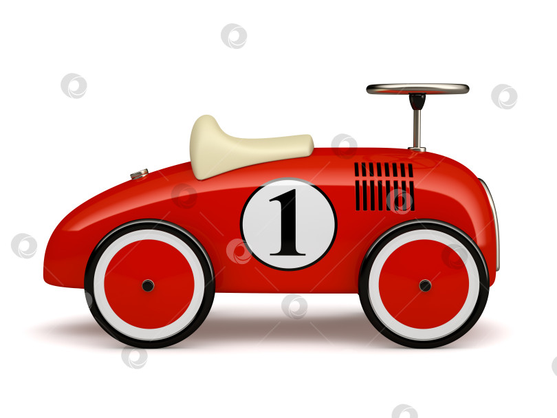 Скачать Красный ретро игрушечный автомобиль номер один, выделенный на белом фоне фотосток Ozero
