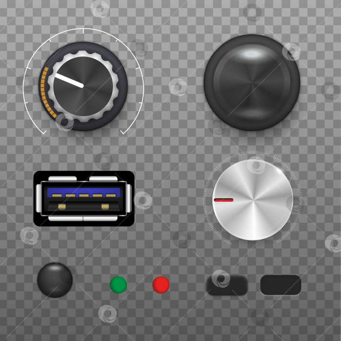 Скачать Реалистичный вектор регулировки громкости. Металлическая и пластиковая ручка радиоприемника. Стереозвук вокруг тюнера, ползунка и кнопки. фотосток Ozero