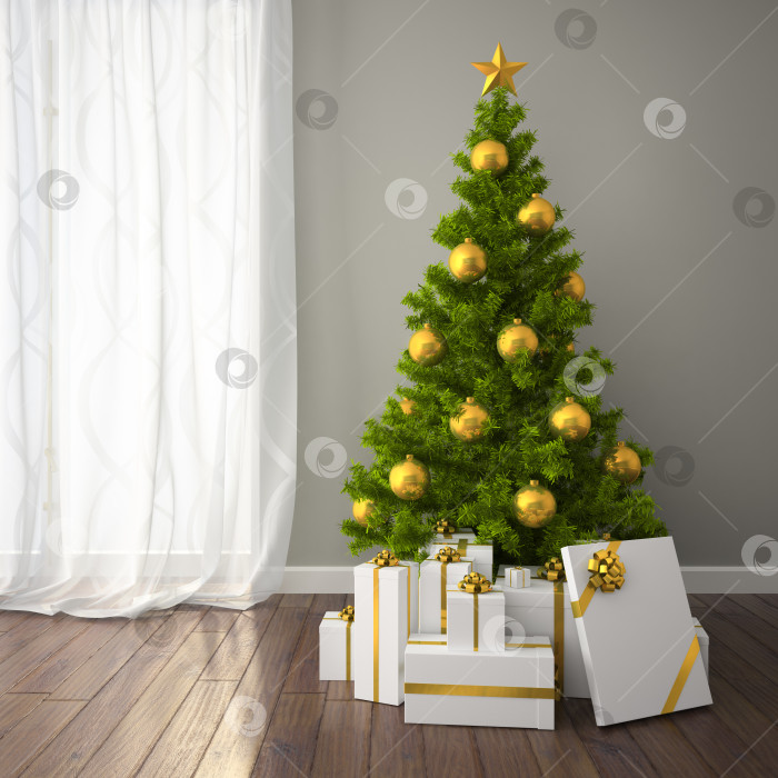 Скачать Christmas tree with gold decor in classic style room with dark floor. 3D interior rendering. фотосток Ozero