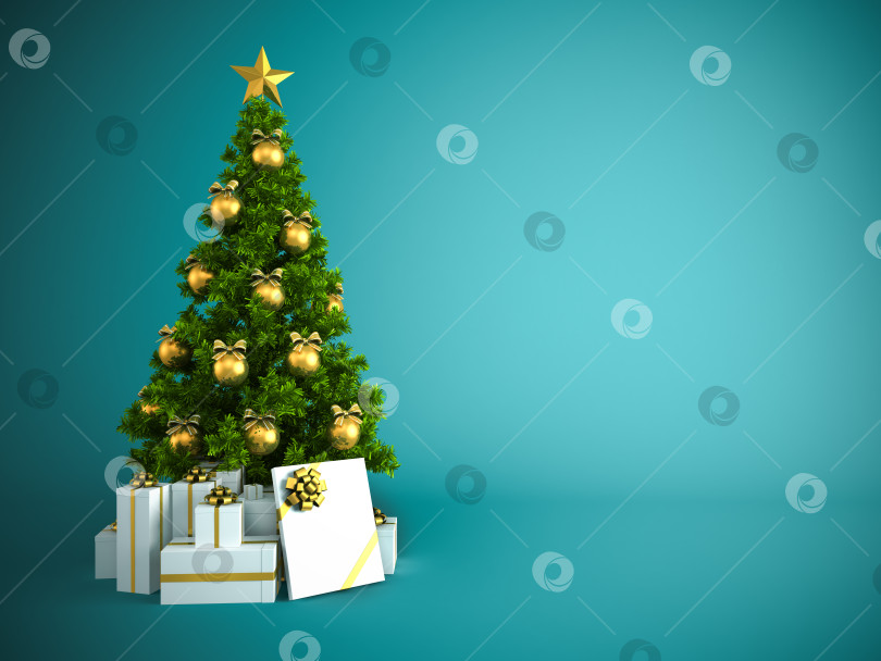 Скачать Рождественская елка с золотым декором, выделенная на синем фоне фотосток Ozero