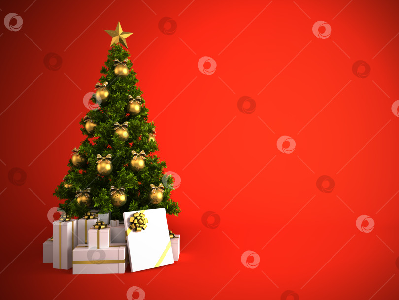 Скачать Christmas tree with gold decor isolated on red background фотосток Ozero