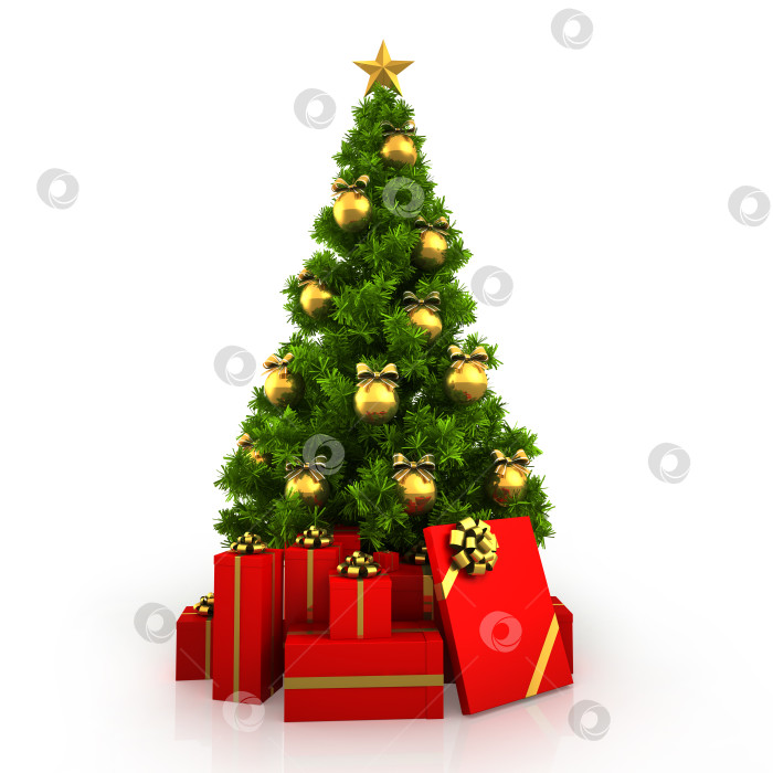 Скачать Christmas tree with red gift boxes isolated on red background фотосток Ozero