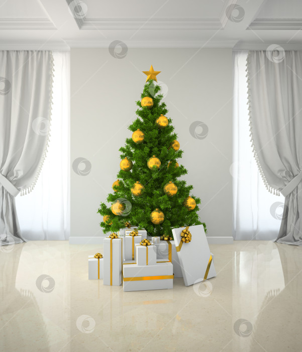 Скачать Рождественская елка с золотым декором в классическом стиле в комнате с 3D-рендерингом фотосток Ozero