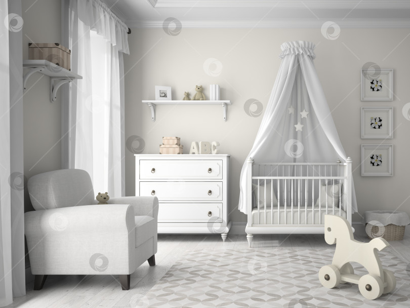 Скачать Classic children room in white color 3D rendering фотосток Ozero