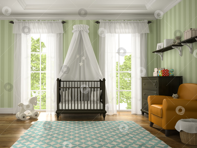 Скачать Classic children room with brown cradle 3D rendering фотосток Ozero