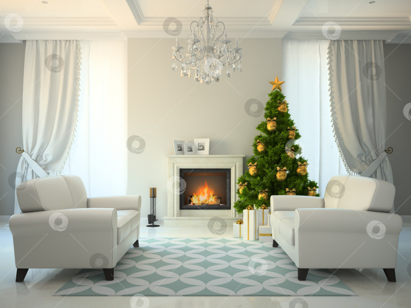 Скачать Classic style room with fireplace and christmas tree 3D rendering фотосток Ozero