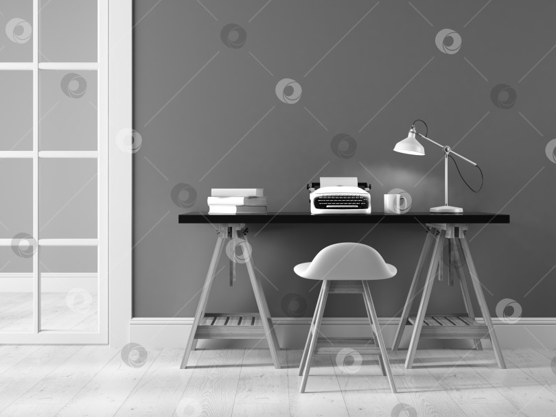 Скачать Bblack and white interior with typewriter 3D rendering фотосток Ozero