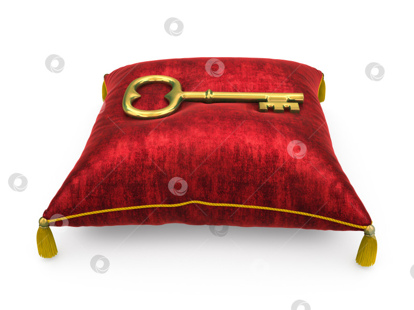 Скачать Golden key on royal red velvet pillow isolated on white background 4 фотосток Ozero