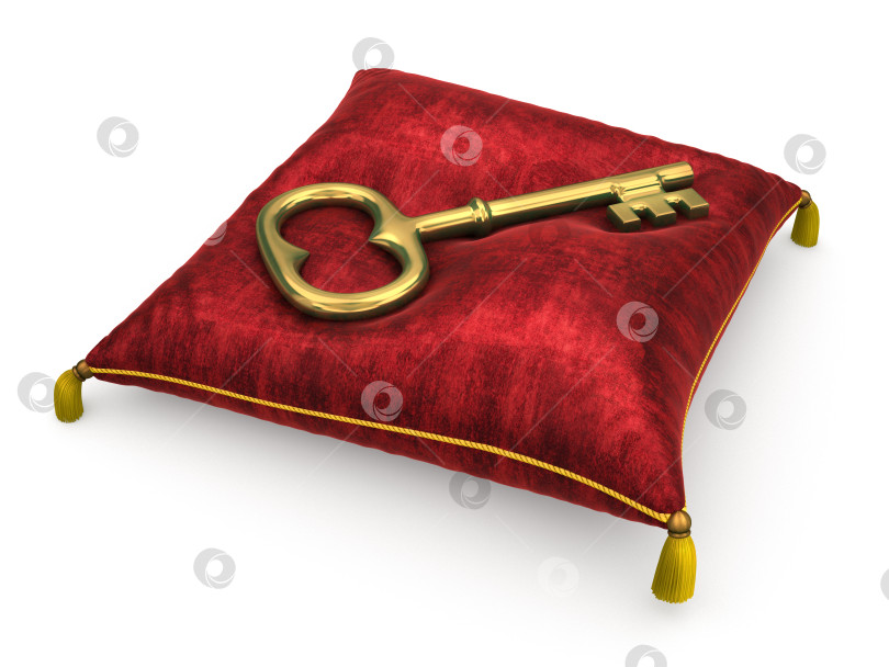 Скачать Golden key on royal red velvet pillow isolated on white background 5 фотосток Ozero