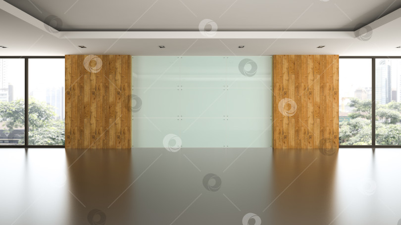 Скачать Empty room with glass panel wall 3D rendering фотосток Ozero