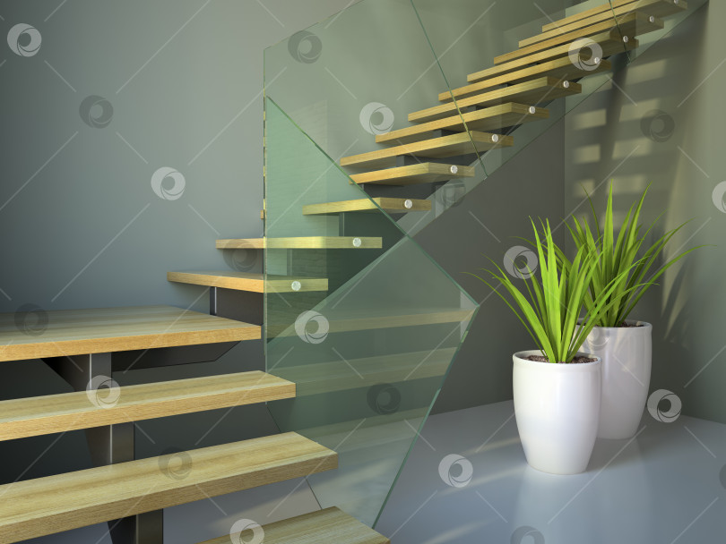 Скачать Empty room with staircase and plants angle view фотосток Ozero