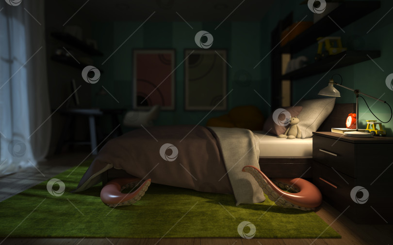 Скачать Interior children's room with a tentacular monster under the bed 3D rendering фотосток Ozero