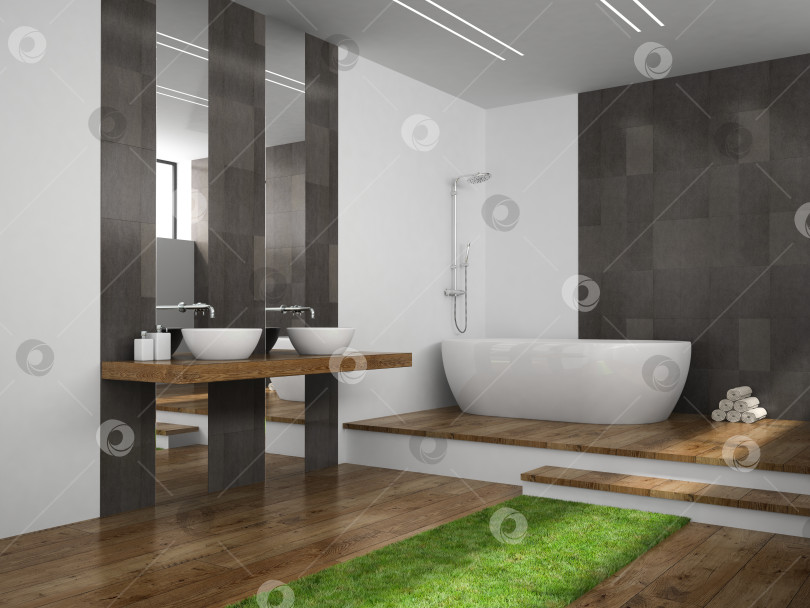 Скачать Интерьер ванной комнаты с 3D-рендерингом травяного пола фотосток Ozero
