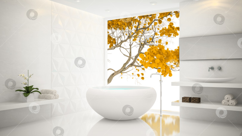 Скачать Interior of white stylish bathroom 3D rendering 2 фотосток Ozero