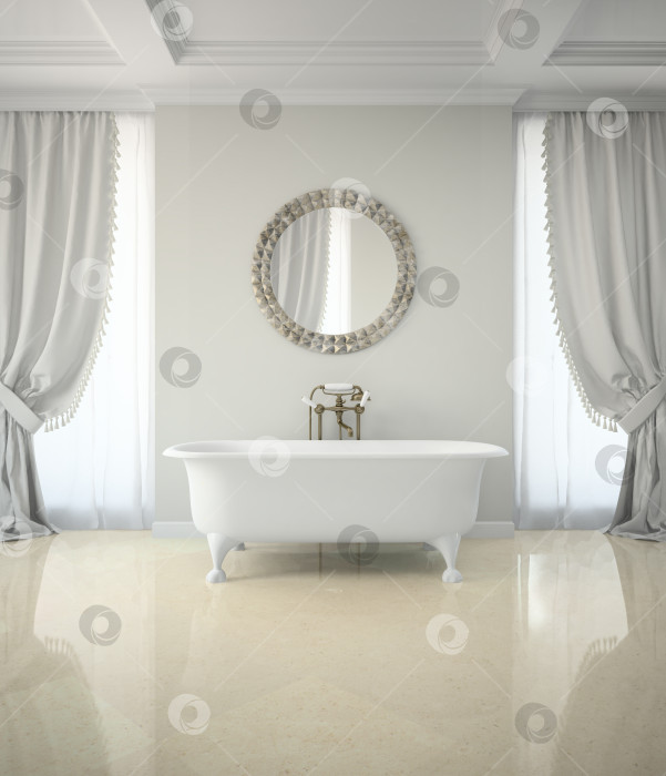 Скачать Интерьер классической ванной комнаты с занавесками и круглым зеркалом 3D рендеринг фотосток Ozero