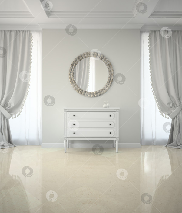 Скачать Interior of classic room with round mirror and cabinet 3D rendering фотосток Ozero