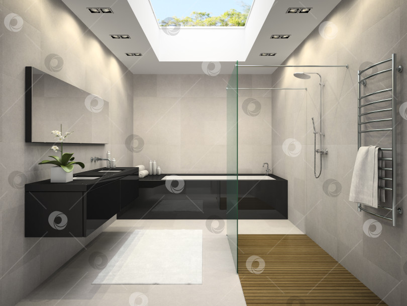 Скачать Interior of bathroom with ceiling window 3D rendering фотосток Ozero