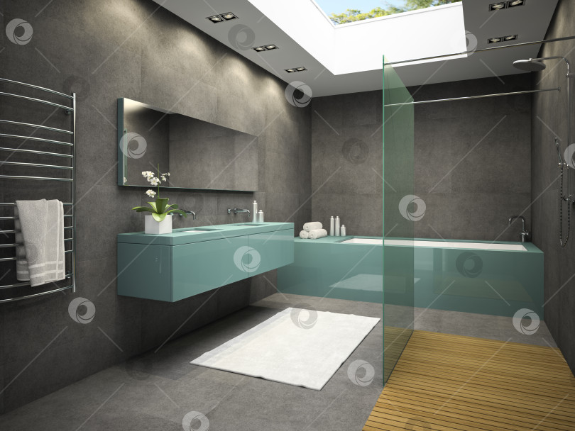 Скачать Interior of bathroom with ceiling window 3D rendering 5 фотосток Ozero