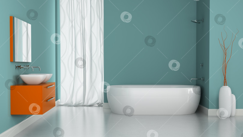 Скачать Interior of modern bathroom with orange cabinet фотосток Ozero