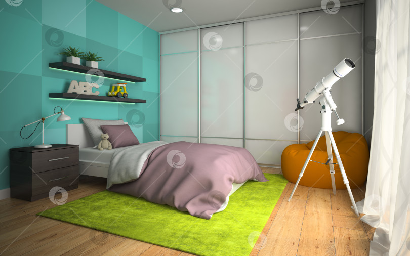 Скачать Интерьер современной детской комнаты с синей стеной 3D рендеринг 3 фотосток Ozero